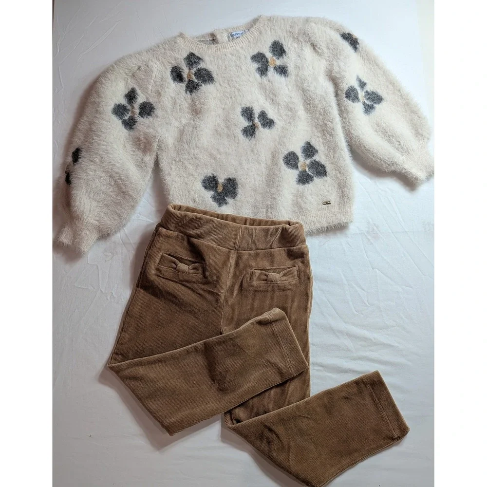 Mayoral Toddler Girls 24M Fuzzy Floral Sweater and Corduroy Pants Set Tan Cream